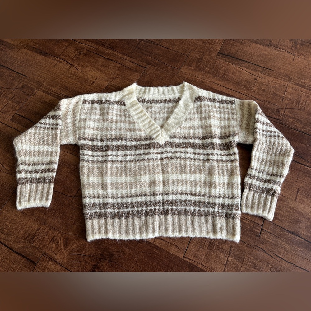 Women’s V Neck Striped Beige and Brown Striped Sweater